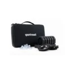 A black carrying case labeled sportreact Reactive Agility is presented with components like suction cups, a grid device, and electronic modules, all against a white background.