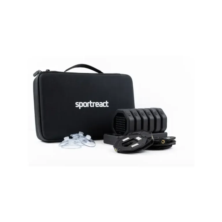 A black carrying case labeled sportreact Reactive Agility is presented with components like suction cups, a grid device, and electronic modules, all against a white background.