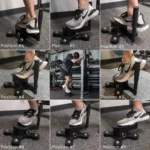 A nine-panel collage features a person using the Spring Ankle black calf-raise foot platform for ankle mobility exercises, showing various foot angles in labeled panels from Position #1 to Position #9.
