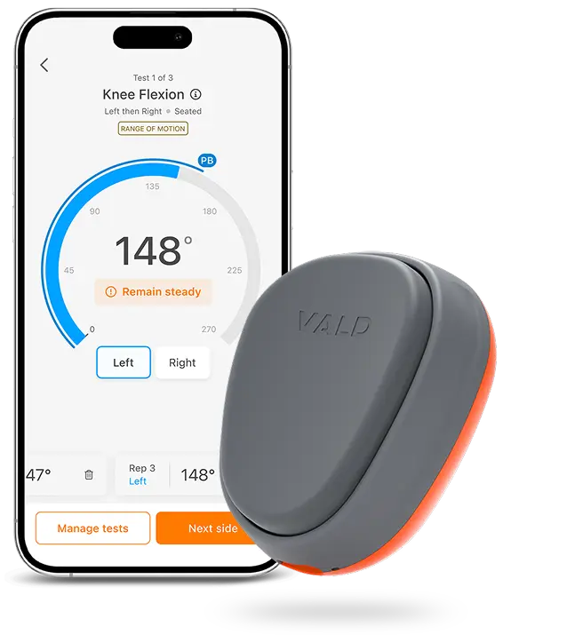 A smartphone displays a knee flexion test app showing a 148-degree angle. Next to it is the compact, gray and orange VALD Dynamo Lit device, used for measuring movement or range of motion.