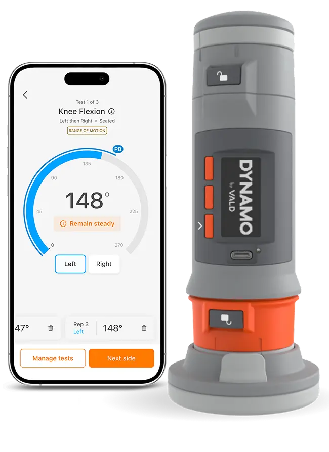 A smartphone shows a knee flexion test app with a 148° angle, next to a gray and orange VALD Dynamo Plus (Copy) device, used for measuring joint movement.