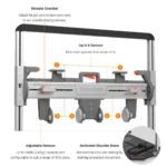 The VALD ForceFrame is a force measurement device with a modular crossbar, adjustable sensors, six sensor slots, and a dedicated shoulder brace for standardized limb testing; features are labeled in orange and white.