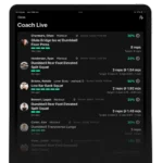 A tablet screen displays the Vitruve Encoder + App Software showing a fitness app with users, workout progress percentages, exercise names, reps, and recorded times for each activity.