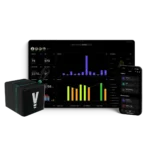A cube-shaped device, a laptop displaying Vitruve Software Pricing data charts, and a smartphone showing its training interface are arranged against a white background.