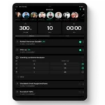 A tablet screen showcases the Vitruve Encoder + App Software, displaying completed sets and weights for exercises such as Barbell Romanian Deadlift, Chin-up, and Standing Landmine Rotations, with a timer and team member icons at the top.