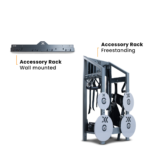 Comparison of two gym accessory racks: the kBox Advanced System, a black wall-mounted rack on the left, and a larger freestanding rack holding weights and accessories on the right. Text labels each rack accordingly.