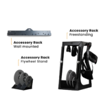 Three types of accessory racks for the kBox Ultimate System are shown: a black wall-mounted rack, a compact flywheel stand with weights, and a large freestanding rack holding various fitness equipment, each labeled by type.
