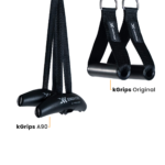 Two exercise handles for the kBox Core System are shown: kGrips A90 with curved black grips and long straps, and kGrips Original with straight grips and shorter straps. Both are branded Exxentric.