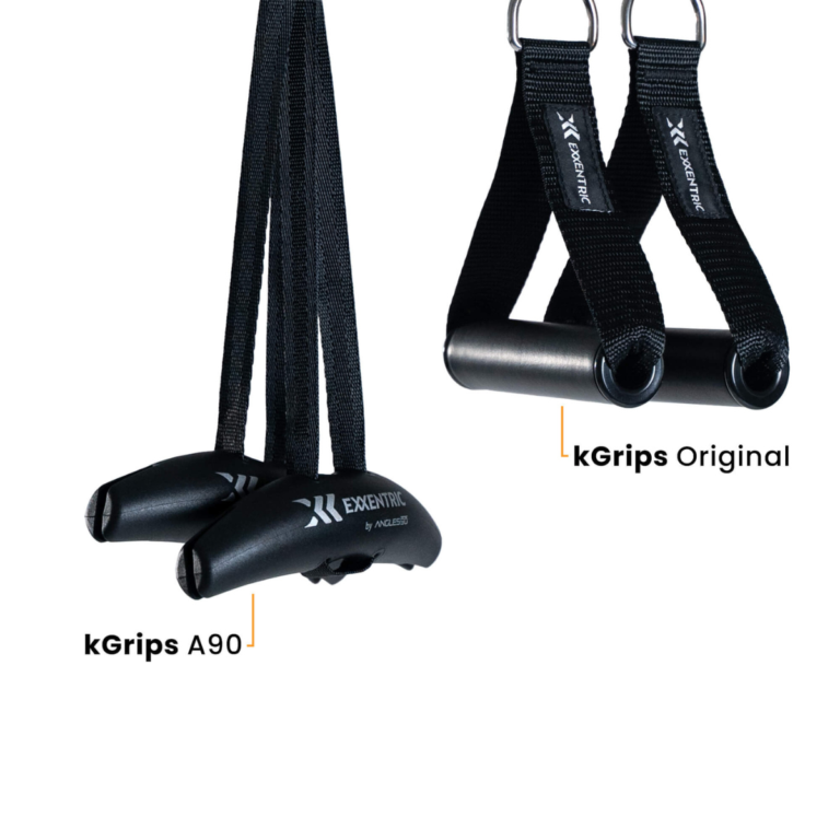 Two exercise handles for the kBox Core System are shown: kGrips A90 with curved black grips and long straps, and kGrips Original with straight grips and shorter straps. Both are branded Exxentric.